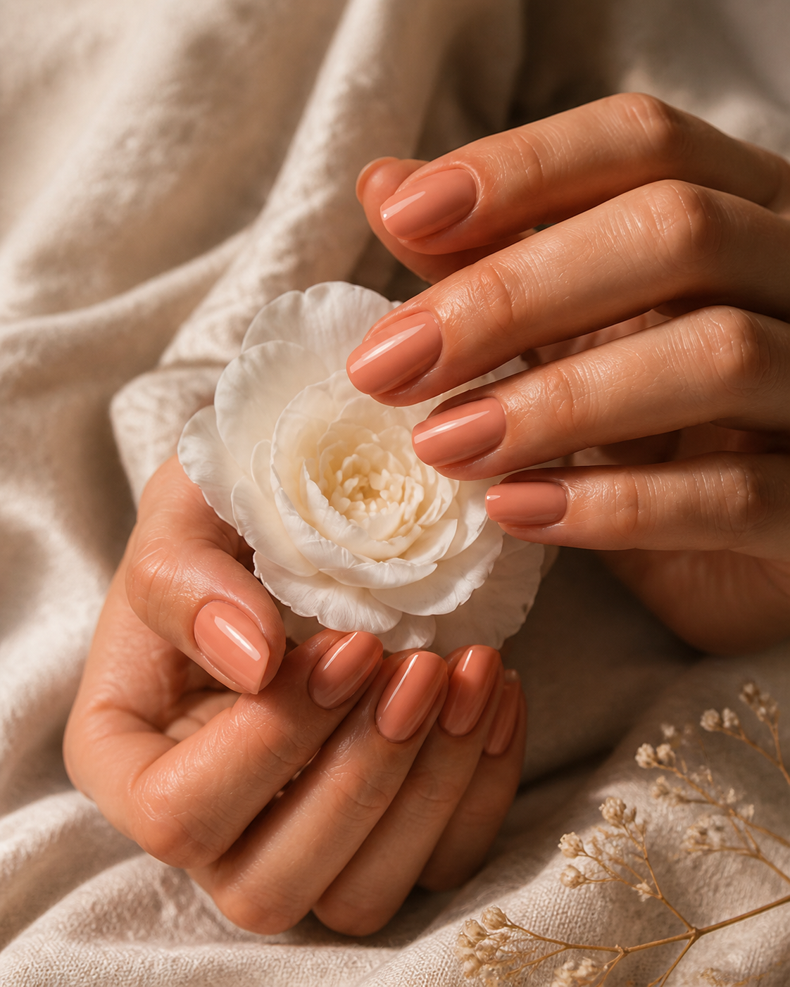 Peach manicured hand resting on an ivory camellia.