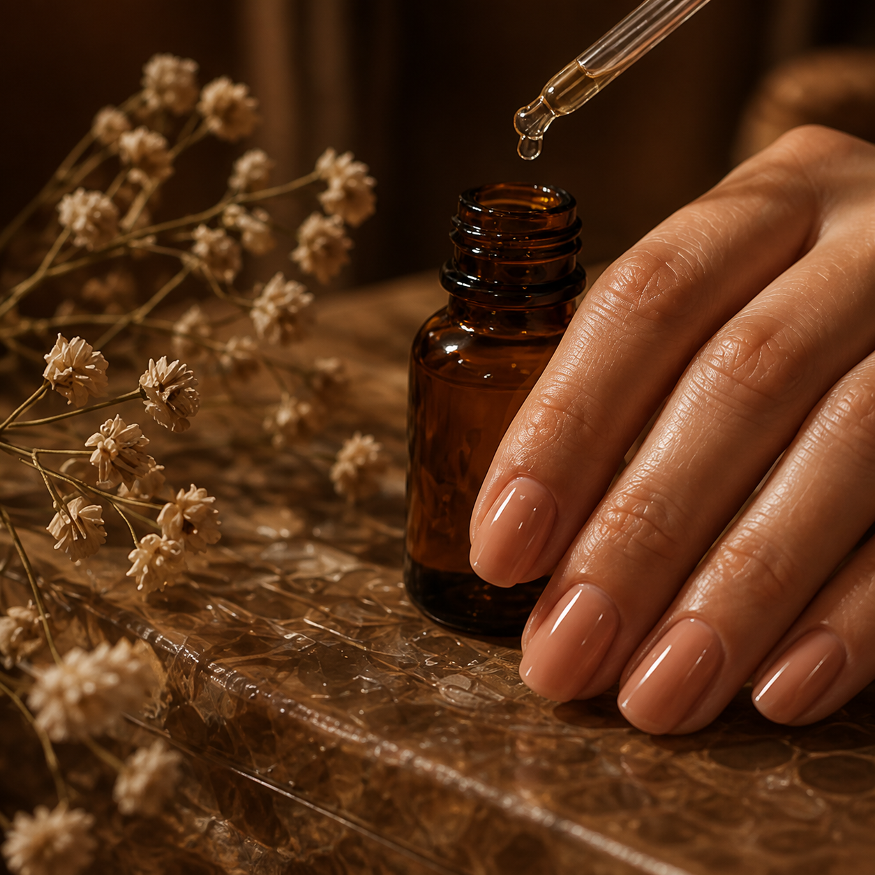 A drop of botanical oil falling from a pipette beside an amber bottle, dried gypsophila and a fresh manicure.