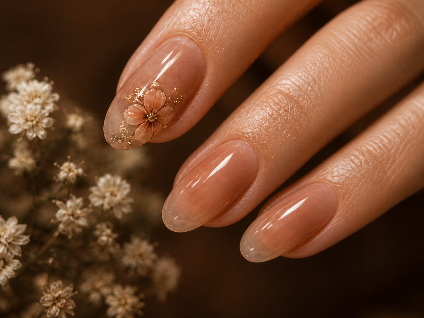 Cocoa Bloom — almond shape, glossy sheer cocoa with a pressed peach flower.