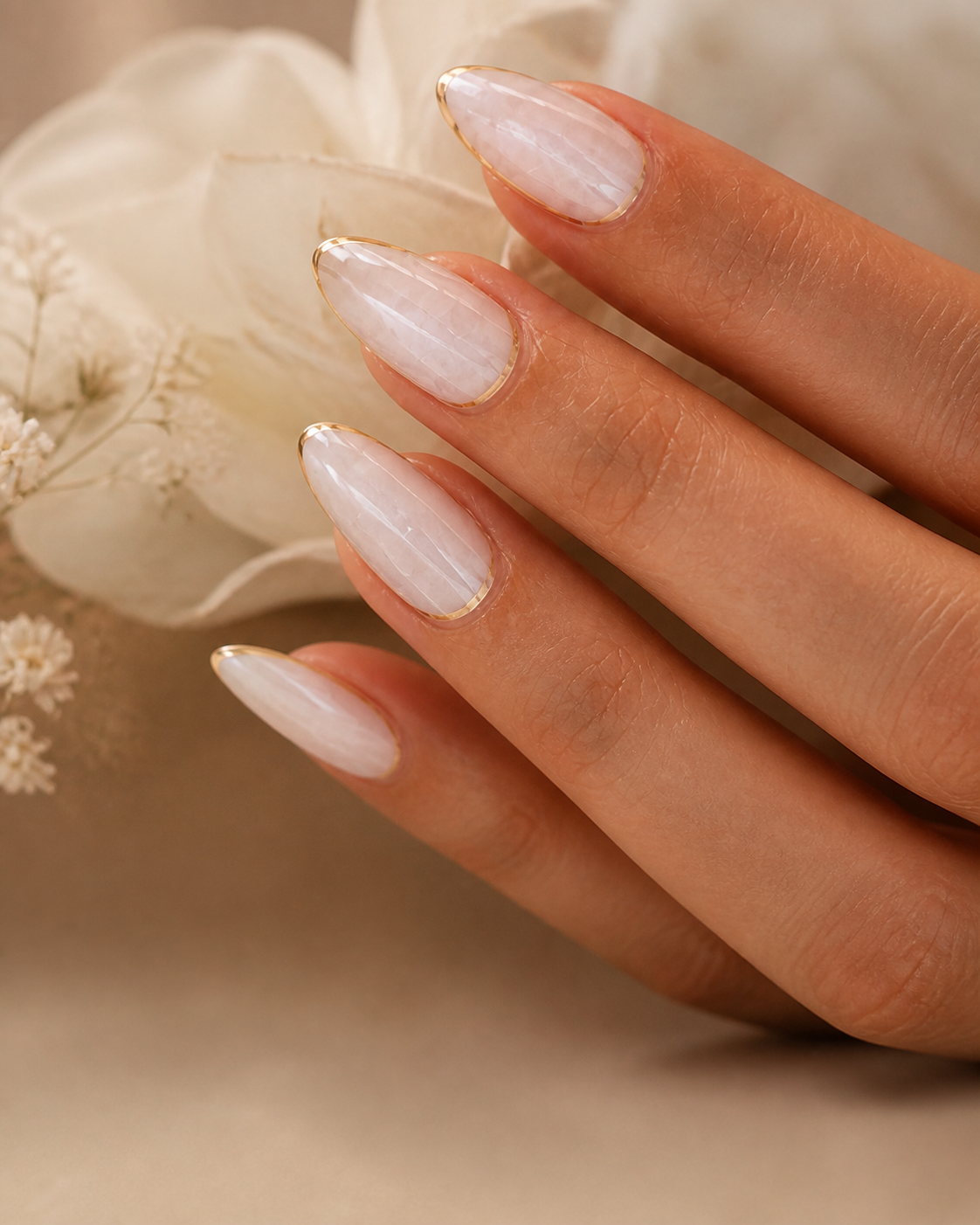 Ivory Veil — stiletto shape, milky ivory with a fine gold edge.