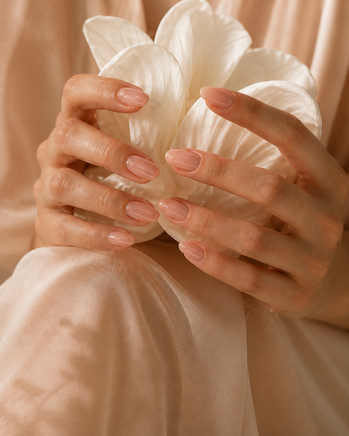 Petal Study — short oval, sheer nude gloss against white petals.