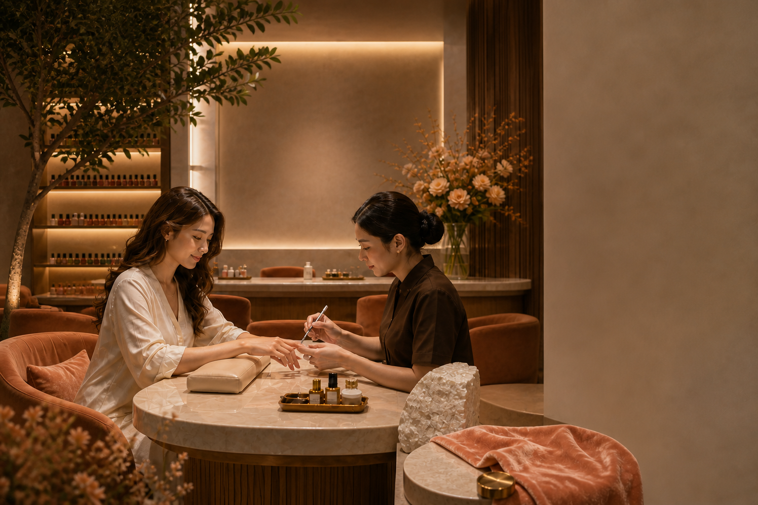 Client receiving a manicure in the warm Elevé spa interior.