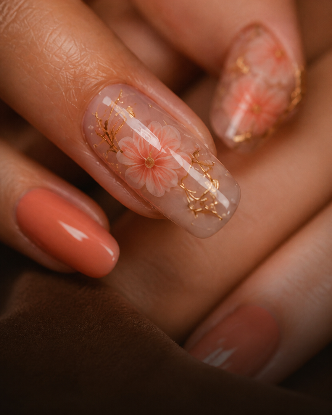 Peach floral nail art with delicate gold botanical lines.