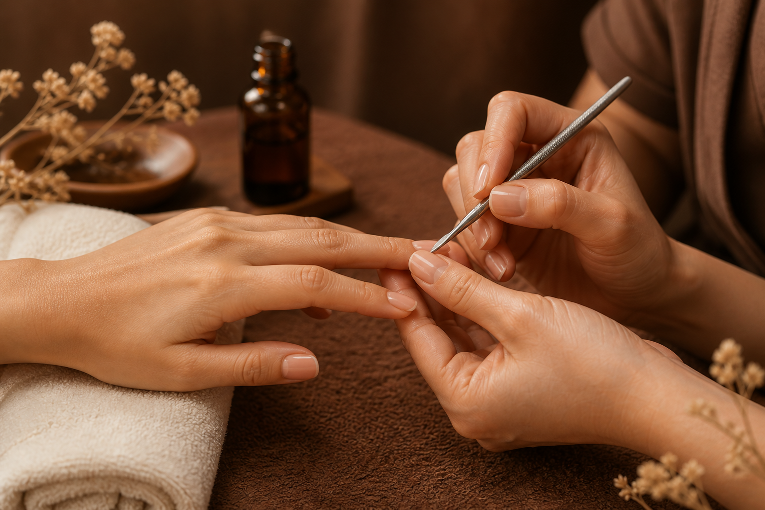 Nail technician shaping a client's natural manicure.